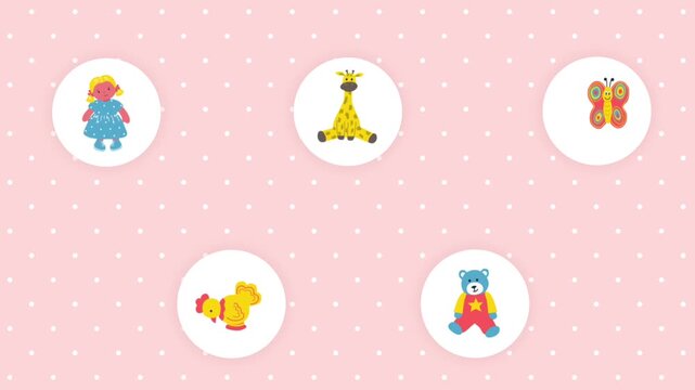 Animated Children Loop Background. Toy Icons on Pink Background with Polka Dot. Doll, Giraffe, Batterfly, Bear, Hen. Video in Blue, Red, Yellow on Pink