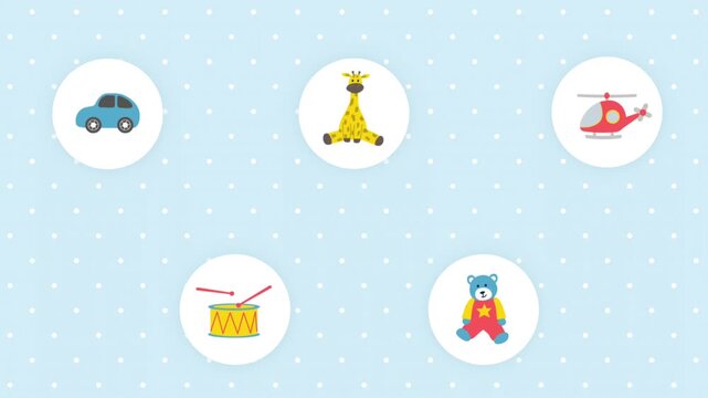 Animated Children Loop Background. Toy Icons on Blue Background with Polka Dot. Car, Giraffe, Helicopter, Bear, Drum. Video in Blue, Red, Yellow on Light Blue