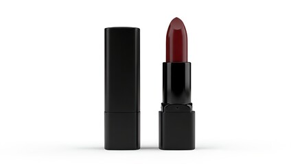Obraz premium Brown lipstick in black tube with cap standing upright on white background perfect for makeup and beauty concepts