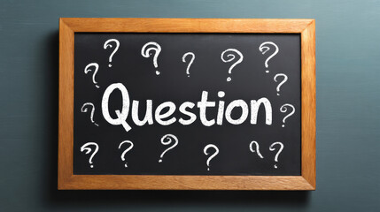 Fototapeta premium Question chalkboard with hand drawn question mark icons on wooden framed blackboard conveying curiosity and inquiry in education or business setting