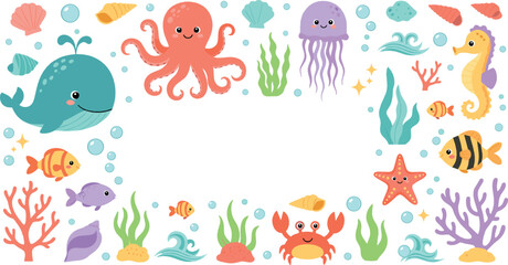 Cute ocean animals and coral reef collection with whale, octopus, jellyfish and sea creatures illustration set © MdNazmul