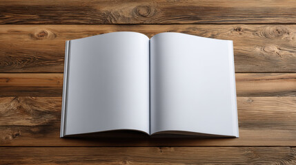 Fototapeta premium Open white booklet on wooden table top view blank pages minimal stationery mockup calm composition