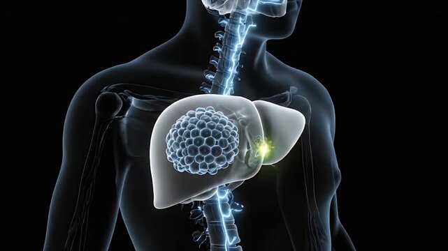 3D Medical Animation of a Diseased Liver Showing Tumor Growth and Inflammation with Neural Connections and Glowing Energy