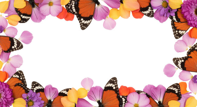 Butterfly and floral frame: Vibrant butterflies and colorful petals dance around a blank space, creating a lively frame, perfect for adding your personalized text or design.