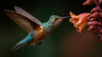 Fototapeta premium Hummingbird hovering beside orange tubular flower, feeding on nectar with wings blurred in motion and iridescent green and orange plumage visible in soft natural light
