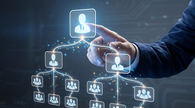 A businessman's finger interacts with a digital organizational chart, pointing to a top-level executive, illustrating a clear hierarchy within the company structure.