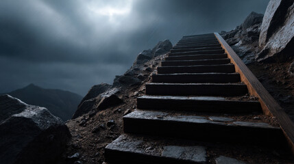 Fototapeta premium Wet wooden stairway climbing rocky mountain slope under stormy sky with dramatic clouds and rain, moody atmosphere and rugged landscape evoking adventure and solitude