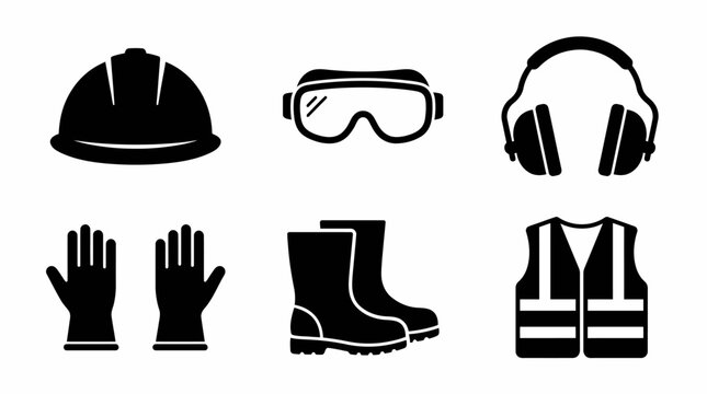 Collection of safety equipment icons including hard hat, goggles, headphones, gloves, boots, and safety vest for workplace protection