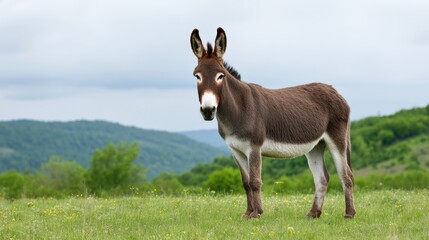 Brown donkey standing in open grassy field with hills and cloudy sky in background. Domestic farm animal in quiet countryside landscape
