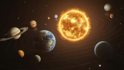 Fototapeta premium Detailed 3D illustration of the solar system with bright sun and planetary orbits