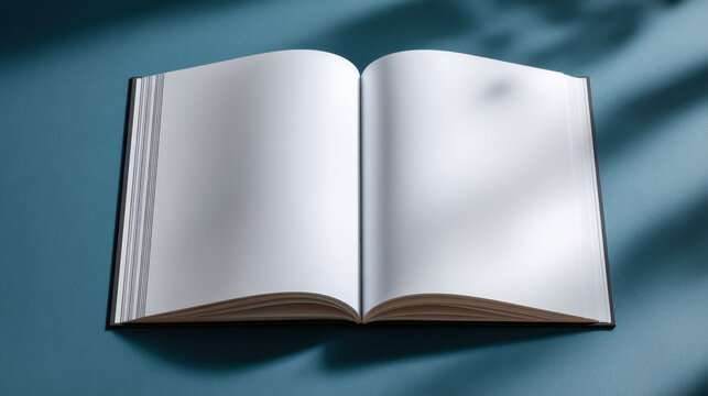 Open blank magazine spread with soft shadows on teal surface, empty double page layout for mockup or editorial use with natural light and minimal composition