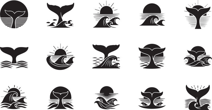 Whale Tail Silhouette Icons Set in Black and White