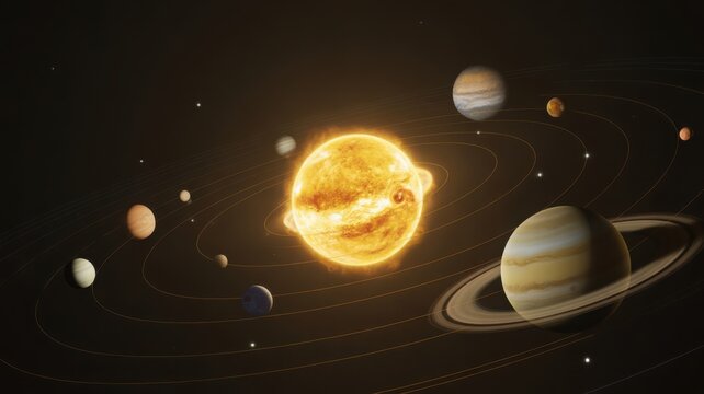 Solar system with sun and planets orbiting in space, 3D illustration