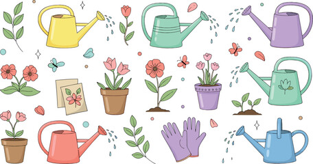 Garden watering cans and plants collection with flowers, pots and gardening gloves colorful spring gardening illustration set © MdNazmul