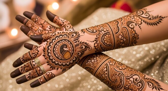 Indian bridal mehndi henna hand design close up with traditional jewelry and candles