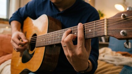 Fototapeta premium Man strums guitar with gentle focus