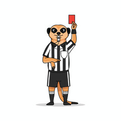 Fototapeta premium Cartoon meerkat wearing a referee uniform and holding a red card