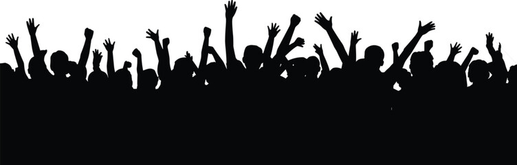 Cheering crowd silhouette with raised hands, excited people celebration background, festival concert audience energy, party event gathering illustration