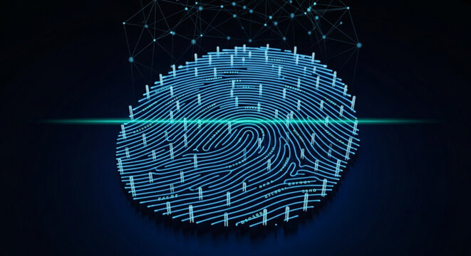 Glowing blue fingerprint scan with neon lines and network connections on dark background representing biometric identification and digital security
