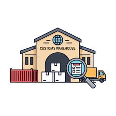 Fototapeta premium Cartoon illustration of a customs warehouse with boxes, truck, shipping container, and magnifying glass