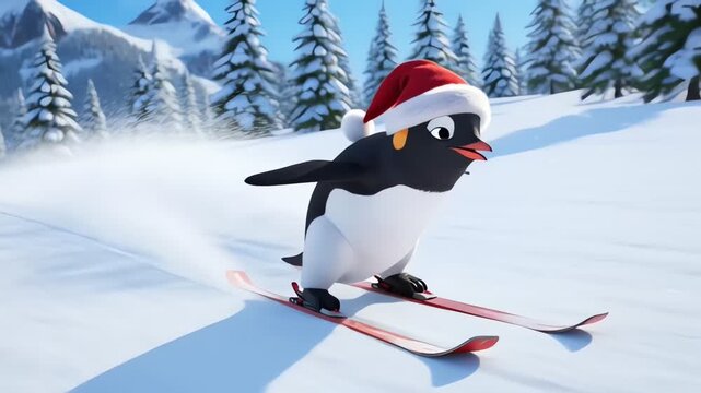 Cute Christmas Penguin Skiing Down Winter Mountain Slope