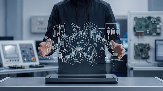 Person in a lab coat presenting a complex isometric infographic of an automated production facility with robotic arms and storage tanks hovering over a tablet in a high-tech electronics laboratory.