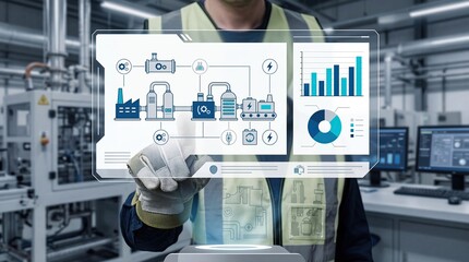 Industrial worker wearing safety vest using augmented reality display to monitor factory production line process and energy consumption analytics in smart manufacturing plant facility automation