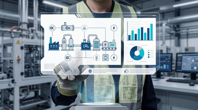 Industrial worker wearing safety vest using augmented reality display to monitor factory production line process and energy consumption analytics in smart manufacturing plant facility automation