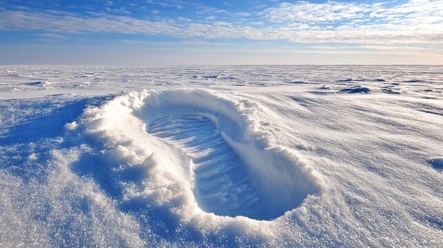 Single footprint impressed in a vast snow covered landscape
