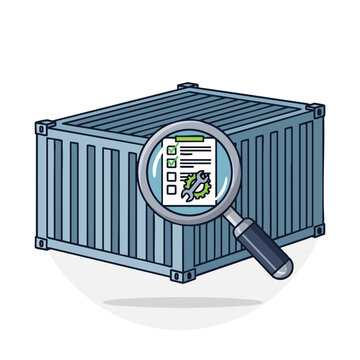 Magnifying glass over checklist with wrench and gear inside shipping container