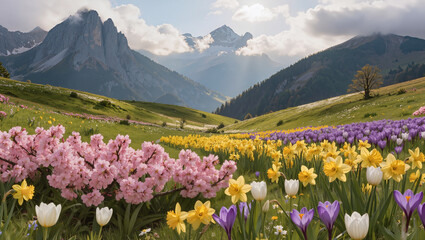 Fototapeta premium Mountain Valley Covered with Colorful Spring Flowers