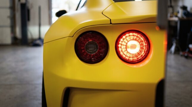 Yellow sportscar tail lights gleaming in garage with automotive passion.