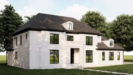 Obraz premium Luxurious Modern Two-Story Mansion with White Stucco Facade and Dark Roof Architecture 3D Render