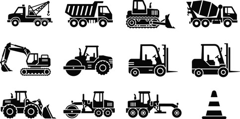Heavy construction machinery icons set with excavator bulldozer dump truck crane and road roller silhouettes isolated on white, industrial vehicle flat vector illustration cad drawing. © MdAnisur