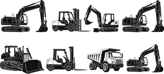 Heavy construction machinery silhouette set with excavator bulldozer forklift and dump truck isolated on white background, industrial vehicle flat vector illustration cad drawing design. © MdAnisur