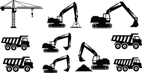 Heavy construction machinery silhouette set featuring tower crane excavator and dump truck isolated on white background, industrial vehicle flat vector illustration cad drawing design. © MdAnisur
