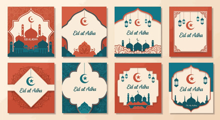 Eight festive Eid al-Adha greeting card designs featuring mosques, crescent moons, lanterns, and intricate Islamic patterns in a warm and cool color palette. © Terra