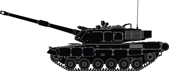 Modern battle tank silhouette side view with long cannon barrel and tracked armored chassis isolated black vector illustration for military defense warfare and combat technology concepts © MdAnisur