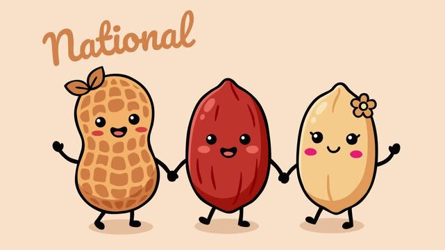 Happy peanut characters holding hands under National Peanut Day text. Cheerful concept highlighting peanuts as a nutritious snack and popular food ingredient, perfect for celebrating agriculture
