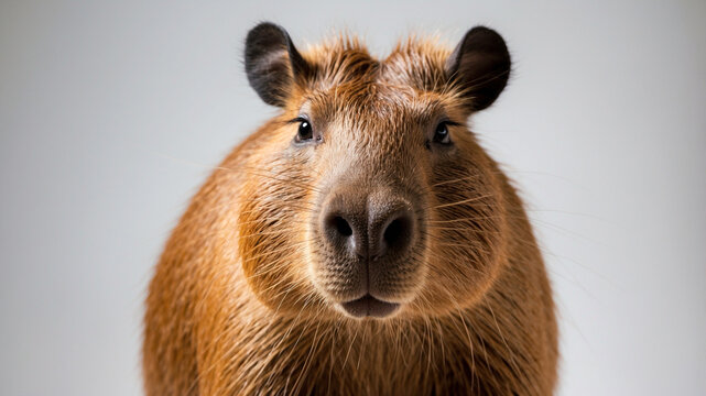 close up of a capybara on plain white background