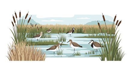 Illustration of Canada geese and other birds in a wetland ecosystem on World Wetlands Day, with cattails and water, in a natural, earthy design. © Budi
