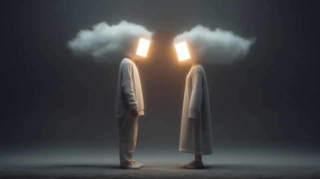 Abstract minimalist concept showing disconnected human and robot user with glowing screen head covered by cloud standing face to face