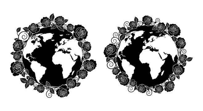 Dual ornate globes with intricate decorative borders showcasing world maps. Vector, illustration