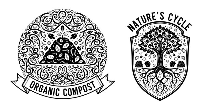 Symbols representing organic composting and nature's cycle processes Vector, illustration