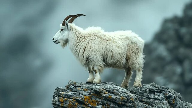 Majestic white goat standing on rocky cliff with misty backdrop