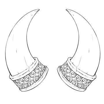 Antique ornamental horns with celtic knotwork, monochrome line art illustration (Black version) ケルティックな編み込みのあるアンティークな角の装飾、モノクロ線画イラスト（黒ver）