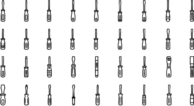 Collection of 49 Outline Screwdriver Icons for Tools, Repair, Workshop, and Construction Concepts