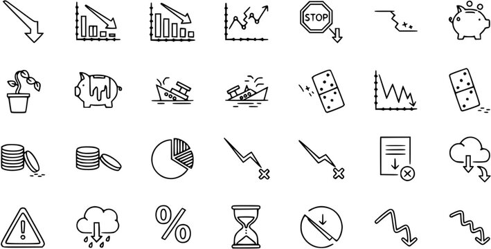 Financial Crisis and Economic Downturn Icons - Downtrend, Loss, Recession, Bankruptcy