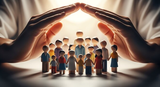 Hands Protecting Diverse Group of Children.