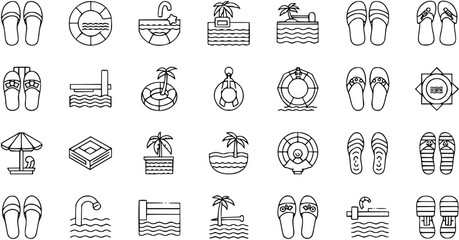 Summer Beach and Swimming Pool Vacation Line Icons Set. Collection of Outline Symbols for Travel, Resort, and Water Activities. © pixraw